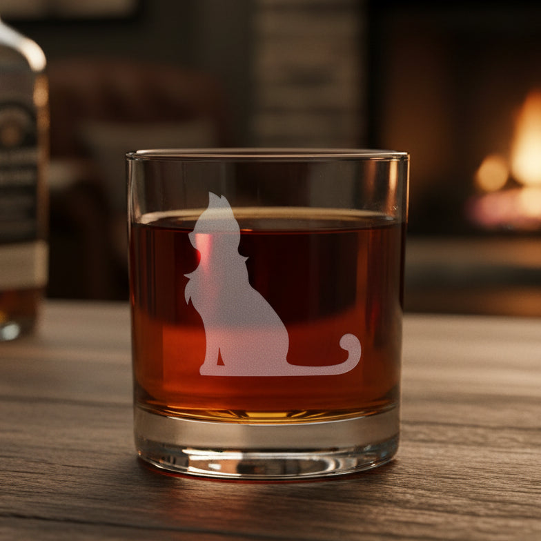 A clear glass rocks tumbler with an etched cat silhouette design, filled with amber-colored liquid, set against a textured gray background.
