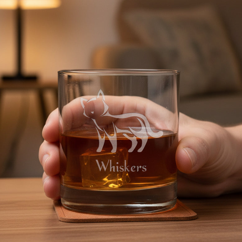 A hand holdin a clear rocks glass with an etched cat silhouette and the name 'Whiskers' on the front, filled with an amber-red drink.