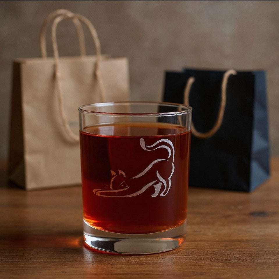 A clear rocks glass filled with amber-red liquid, featuring a white etched cat silhouette, set on a wooden table with two gift bags in the background.