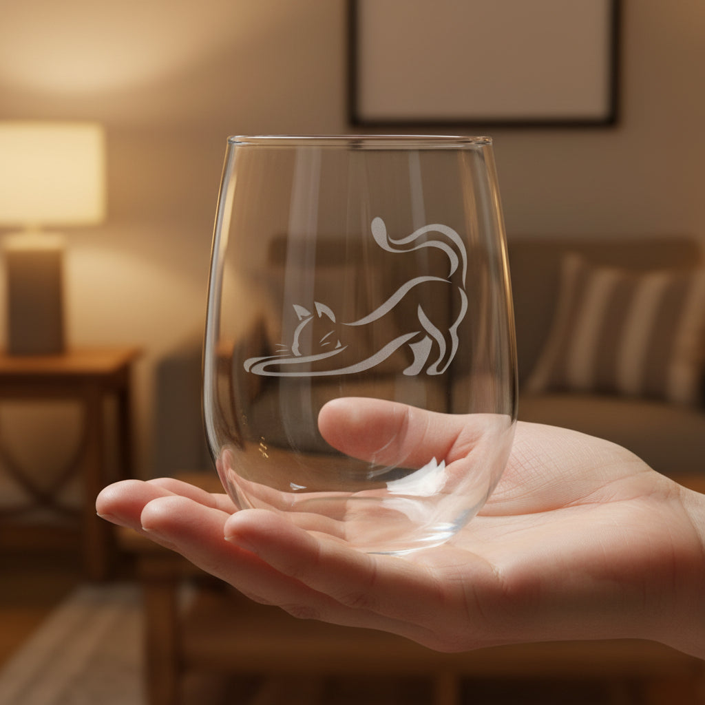 A clear stemless wine glass with an etched black cat silhouette, in a hand against a living room  background.