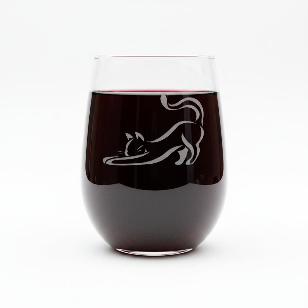 A clear stemless wine glass with an etched black cat silhouette, displayed on a wooden surface against a solid whitebackground.