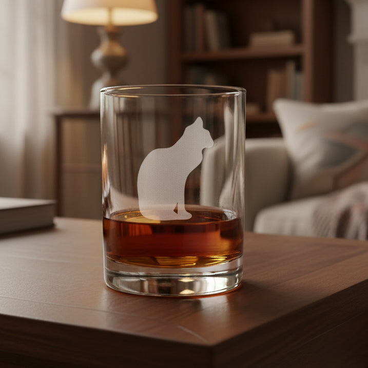Sitting Cat 13oz Engraved Whiskey Glass - Personalized Gift for Cat Lovers