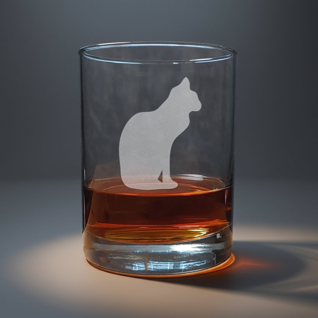 Glass tumbler with a cat silhouette etching filled with amber liquid