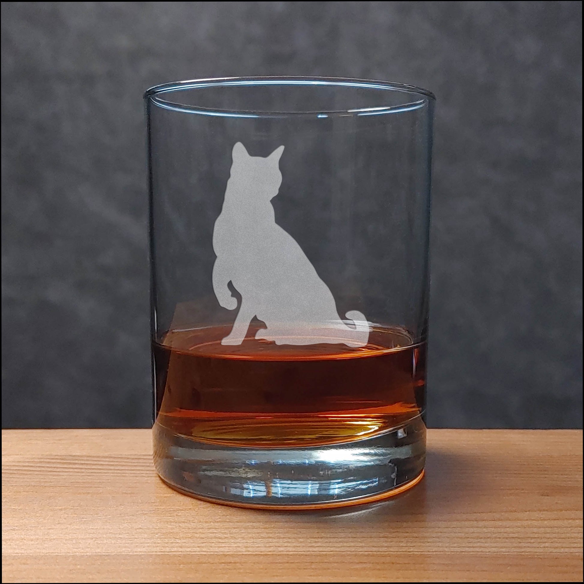  13 oz Whisky Glass with an image of a Sitting Cat with lifted paw - Copyright Hues in Glass