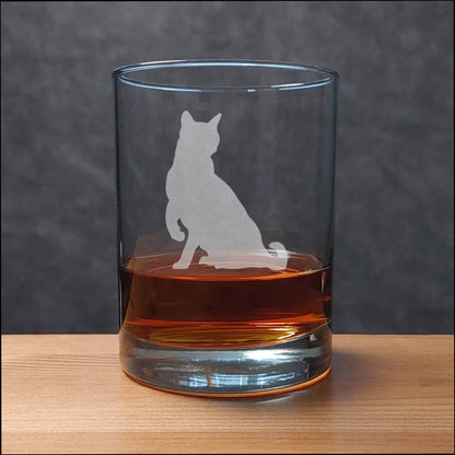  13 oz Whisky Glass with an image of a Sitting Cat with lifted paw - Copyright Hues in Glass