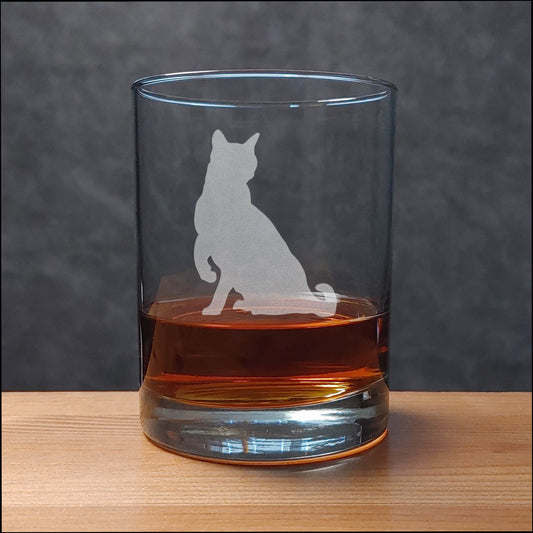  13 oz Whisky Glass with an image of a Sitting Cat with lifted paw - Copyright Hues in Glass