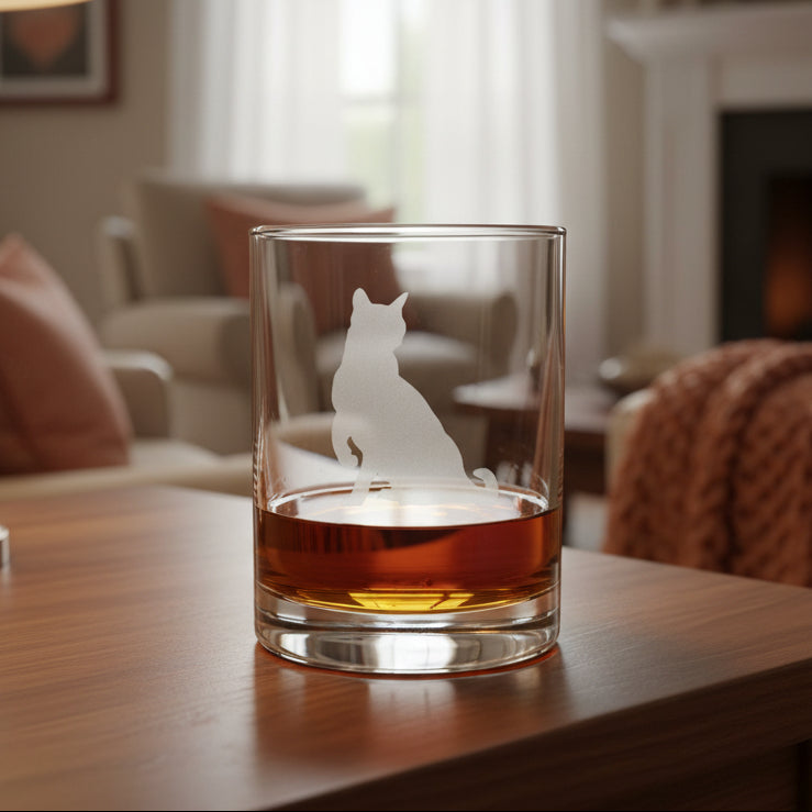 Glass with a cat silhouette etching filled with amber liquid on a wooden surface.