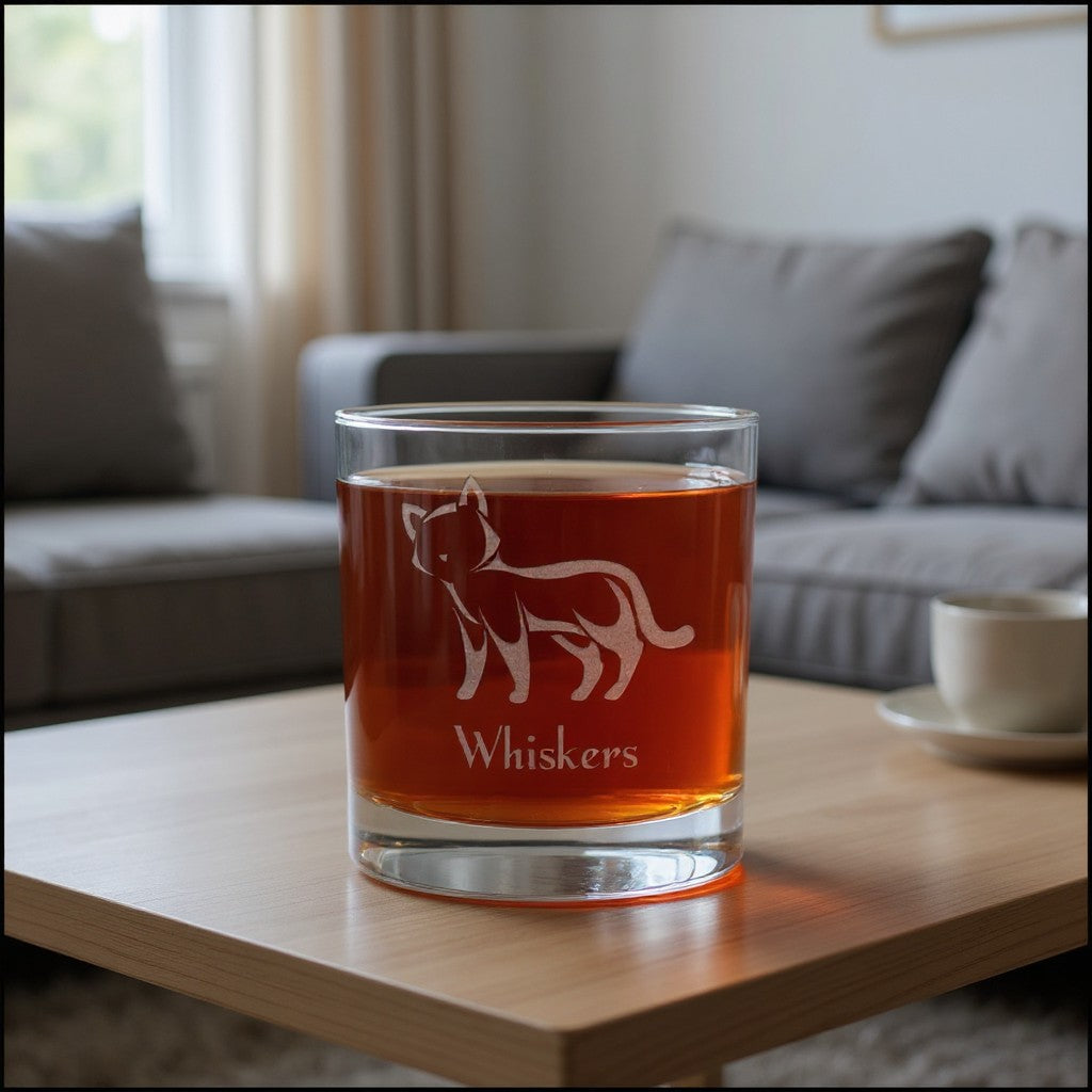 A clear rocks glass filled with amber-colored liquid sits on a light wood table in a softly blurred living room. The glass has a Etched cat silhouette and the word 'Whiskers' printed on it.