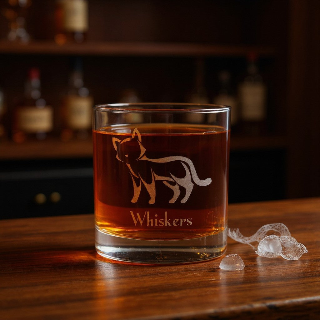 A clear rocks glass with an etched cat silhouette and the name 'Whiskers' sits on a wooden bar table, filled with amber whiskey, with ice cubes nearby and blurred bottles in the background.