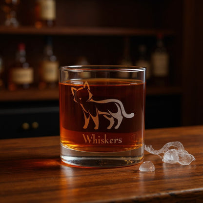 A clear rocks glass with an etched cat silhouette and the name 'Whiskers' sits on a wooden bar table, filled with amber whiskey, with ice cubes nearby and blurred bottles in the background.