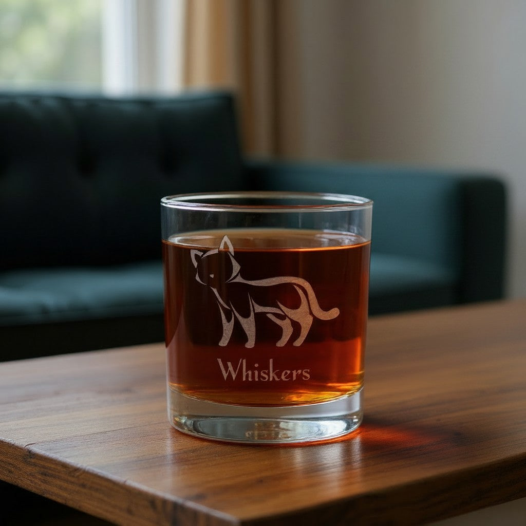 A clear rocks glass filled with amber liquid sits on a wooden table in a living room setting, with a dark sofa and window blurred in the background. The glass is etched with a cat silhouette and the word 'Whiskers'.