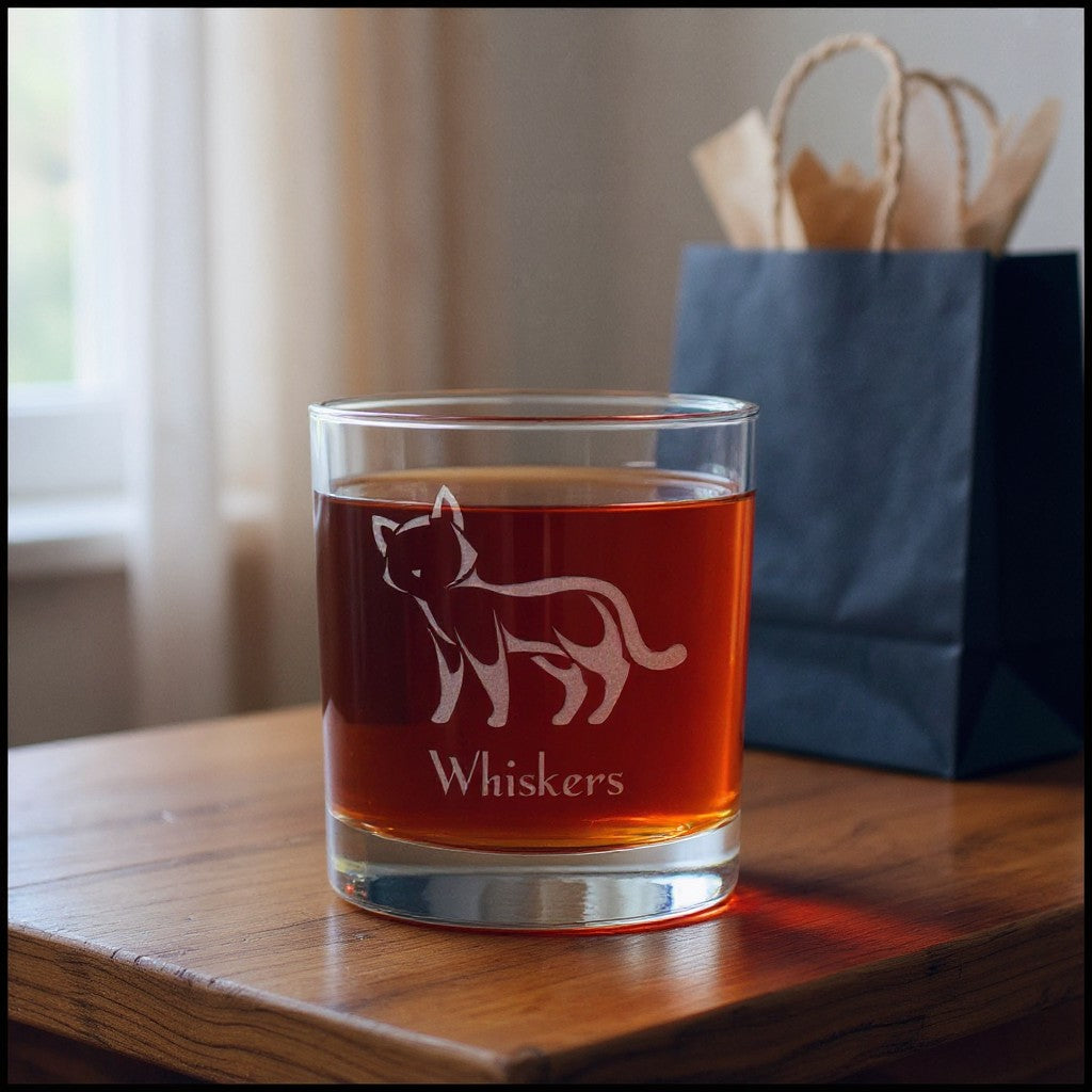 A clear glass rocks tumbler with an etched cat silhouette and the name 'Whiskers' sits on a wooden table, filled with amber-colored liquid. A dark paper gift bag is blurred in the background near a window.