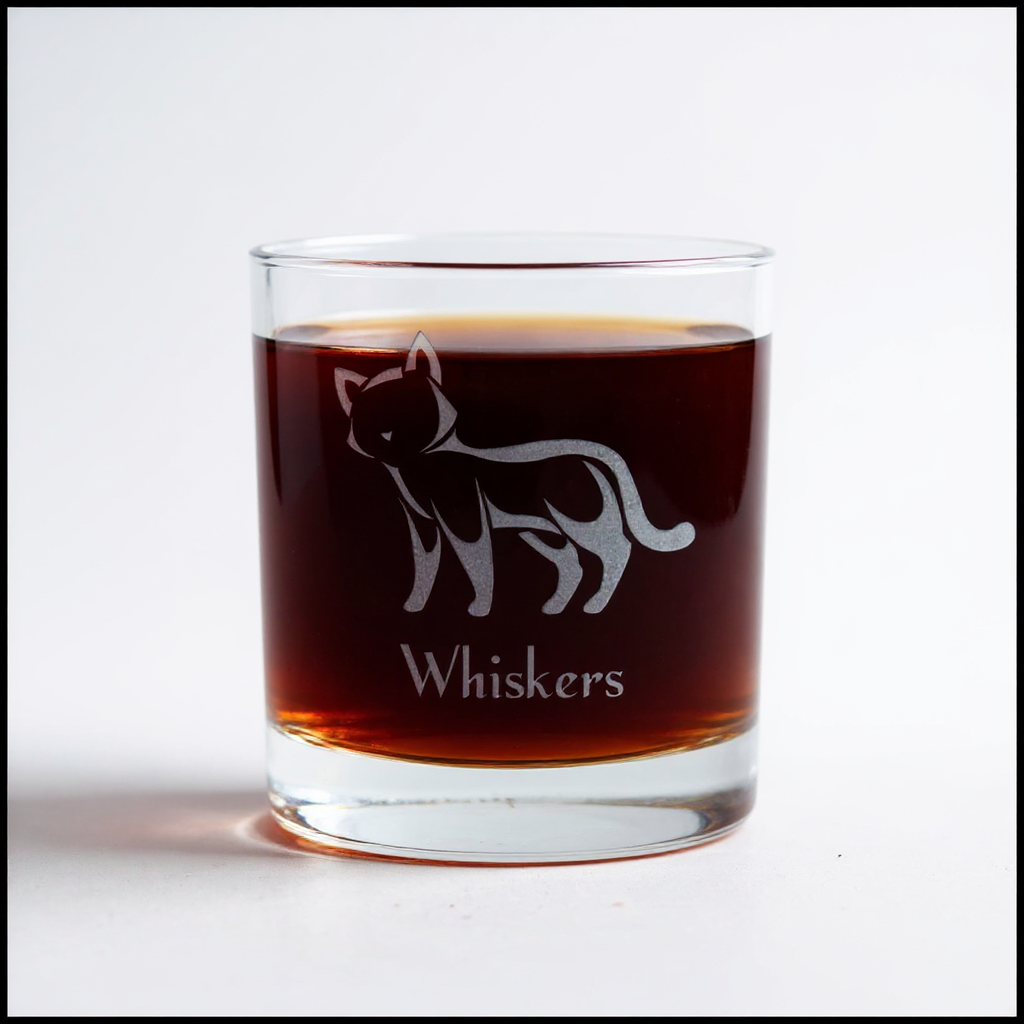 A clear glass rocks tumbler filled with dark amber liquid, featuring an etched cat silhouette and the word 'Whiskers' on the front, photographed against a plain white background.