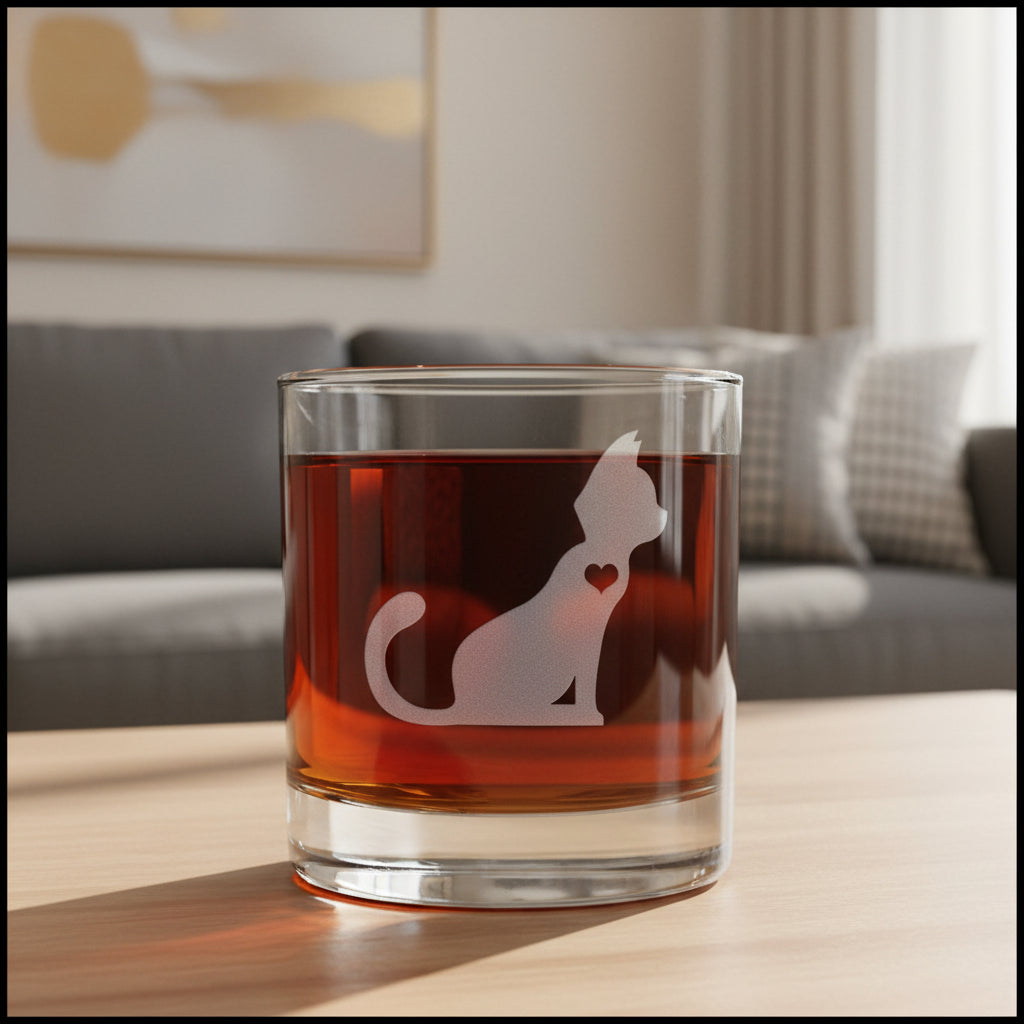 A clear glass rocks tumbler filled with amber-red liquid, featuring a frosted pale pink cat silhouette with a small heart on the side, with a cozy living room in the background.