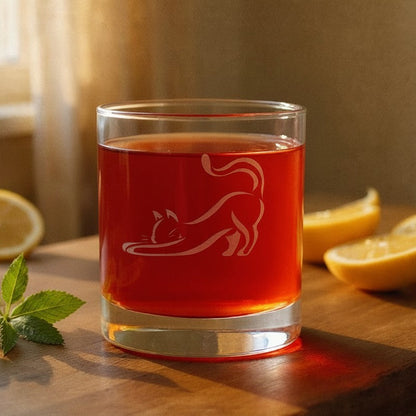A clear glass rocks tumbler with an etched cat design, filled with a red-orange beverage, set on a wooden table with lemon slices and mint leaves in a warm indoor setting.