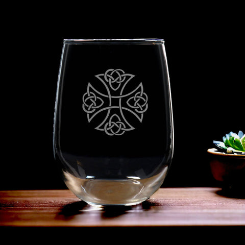 Celtic Cross Stemless Wine Glass - Copyright Hues in Glass