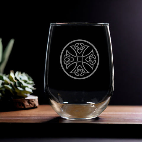 Celtic Cross Engraved Stemless Wine Glass - Within a Circle - Copyright Hues in Glass
