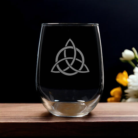 Celtic Engraved Stemless Wine Glass - Design 6 - Copyright Hues in Glass