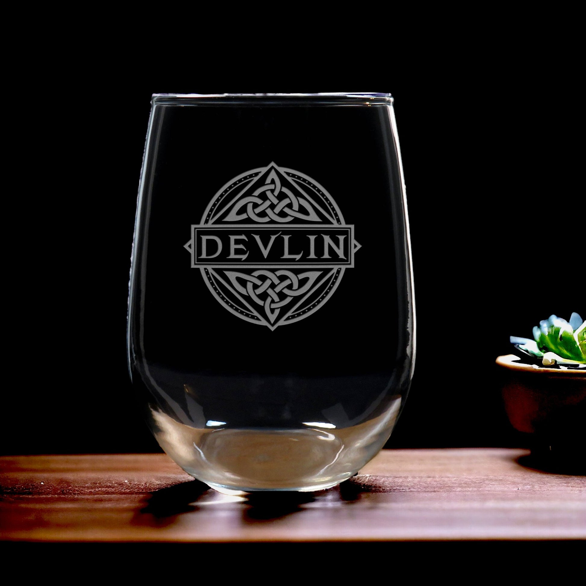 Celtic Name Stemless Wine Glass - Copyright Hues in Glass
