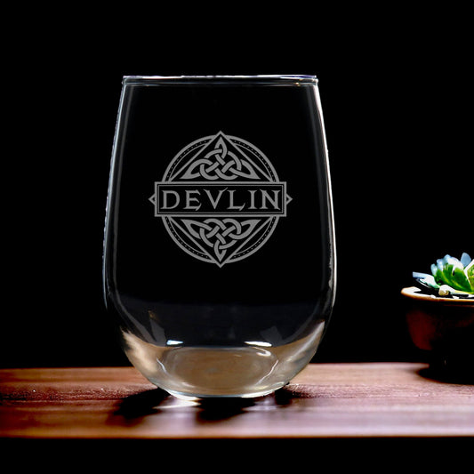 Celtic Name Stemless Wine Glass - Copyright Hues in Glass