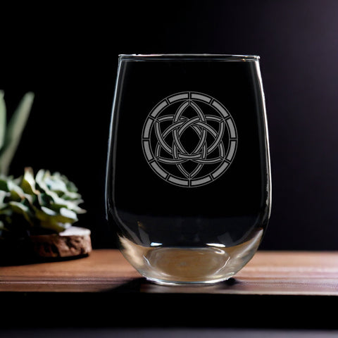 Double Triquetra Celtic Engraved Stemless Wine Glass - Copyright Hues in Glass