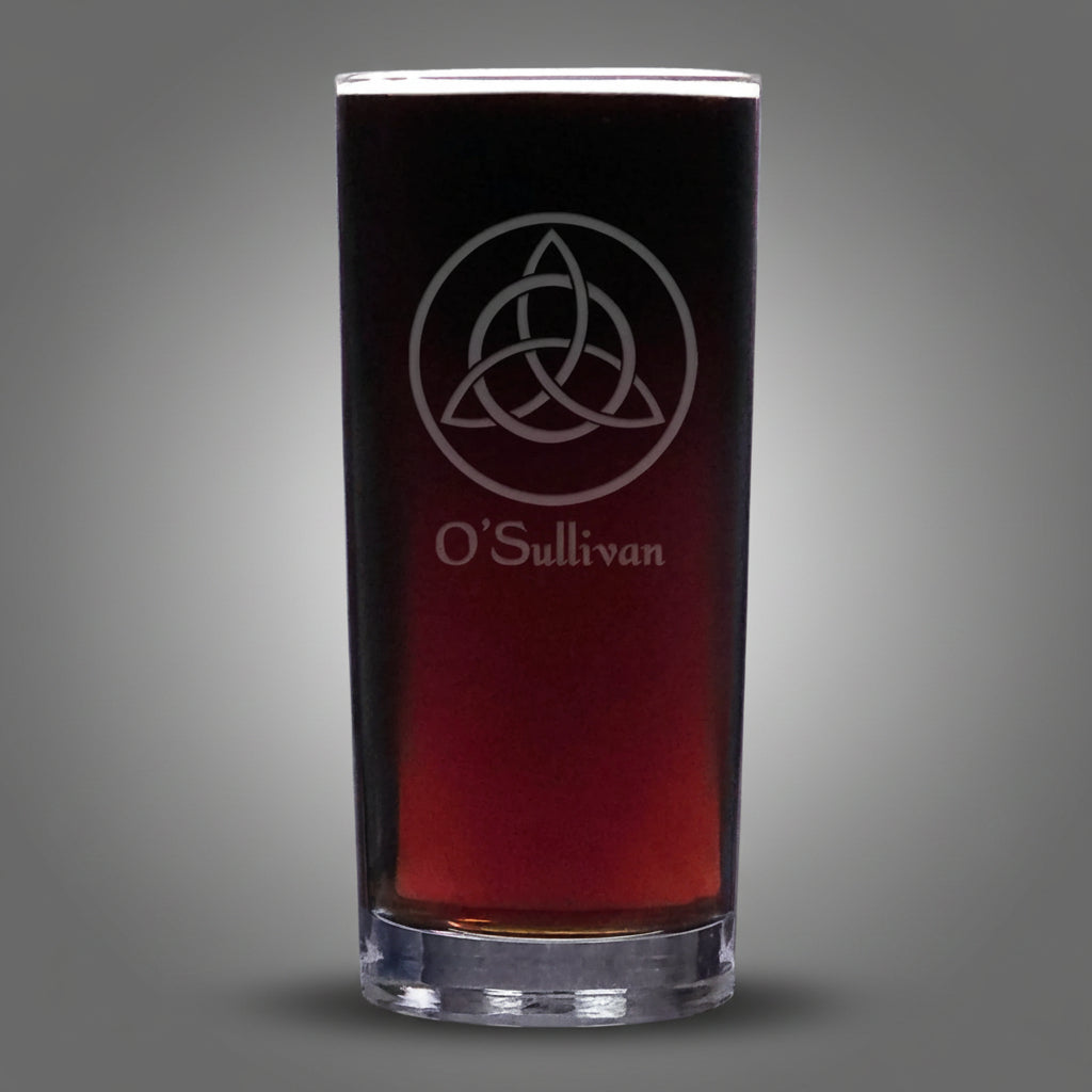 Black glass with a Celtic knot design and 'O'Sullivan' text