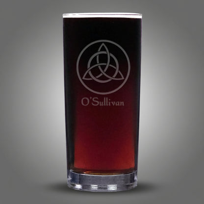 Black glass with a Celtic knot design and 'O'Sullivan' text