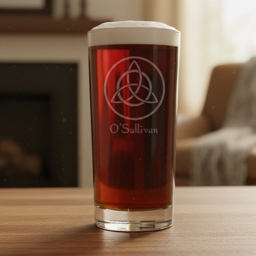 Black glass with a Celtic knot design and 'O'Sullivan' text