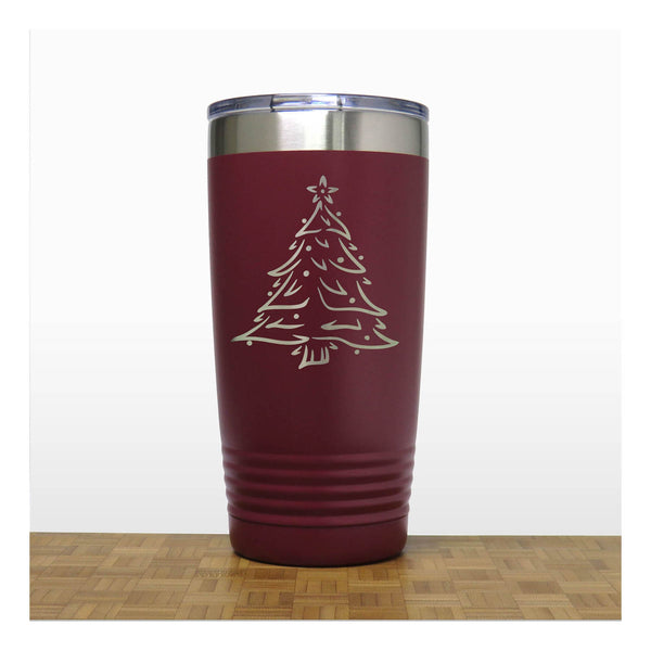 Maroon - Insulated Travel Mug with the design Christmas tree - Copyright Hues in Glass