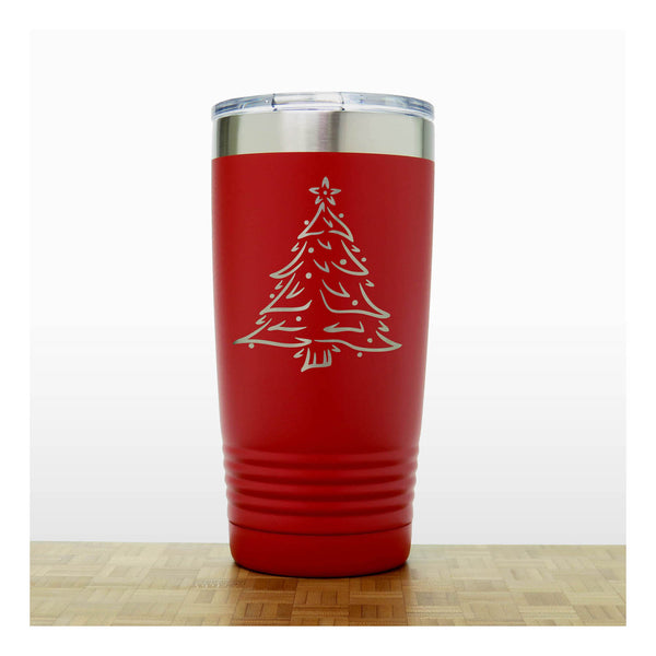 Red -  Insulated Travel Mug with the design Christmas tree - Copyright Hues in Glass