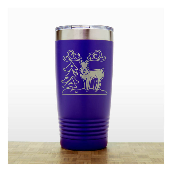  Purple - Insulated Travel Mug with the design of a Reindeer sta nding beside a Christmas tree - Copyright Hues in Glass