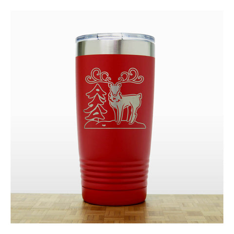 Red - Insulated Travel Mug with the design of a Reindeer sta nding beside a Christmas tree - Copyright Hues in Glass