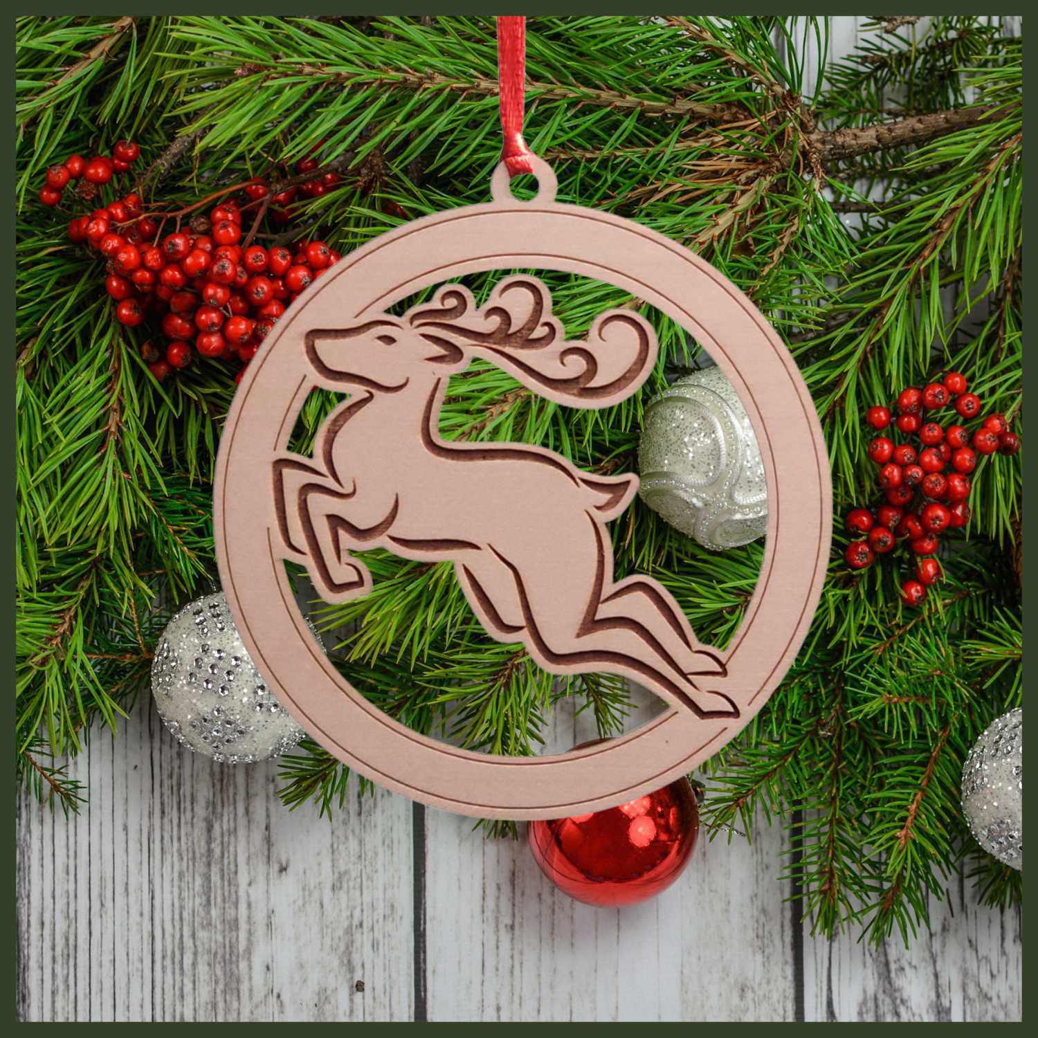 Leaping Reindeer wood maple veneer ornament - Copyright Hues in Glass  
