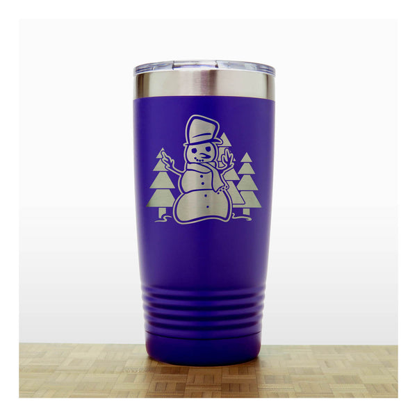 Purple 20 oz Insulated Tumbler with the design of a snowman standing in front of Christmas trees - Copyright Hues in Glass