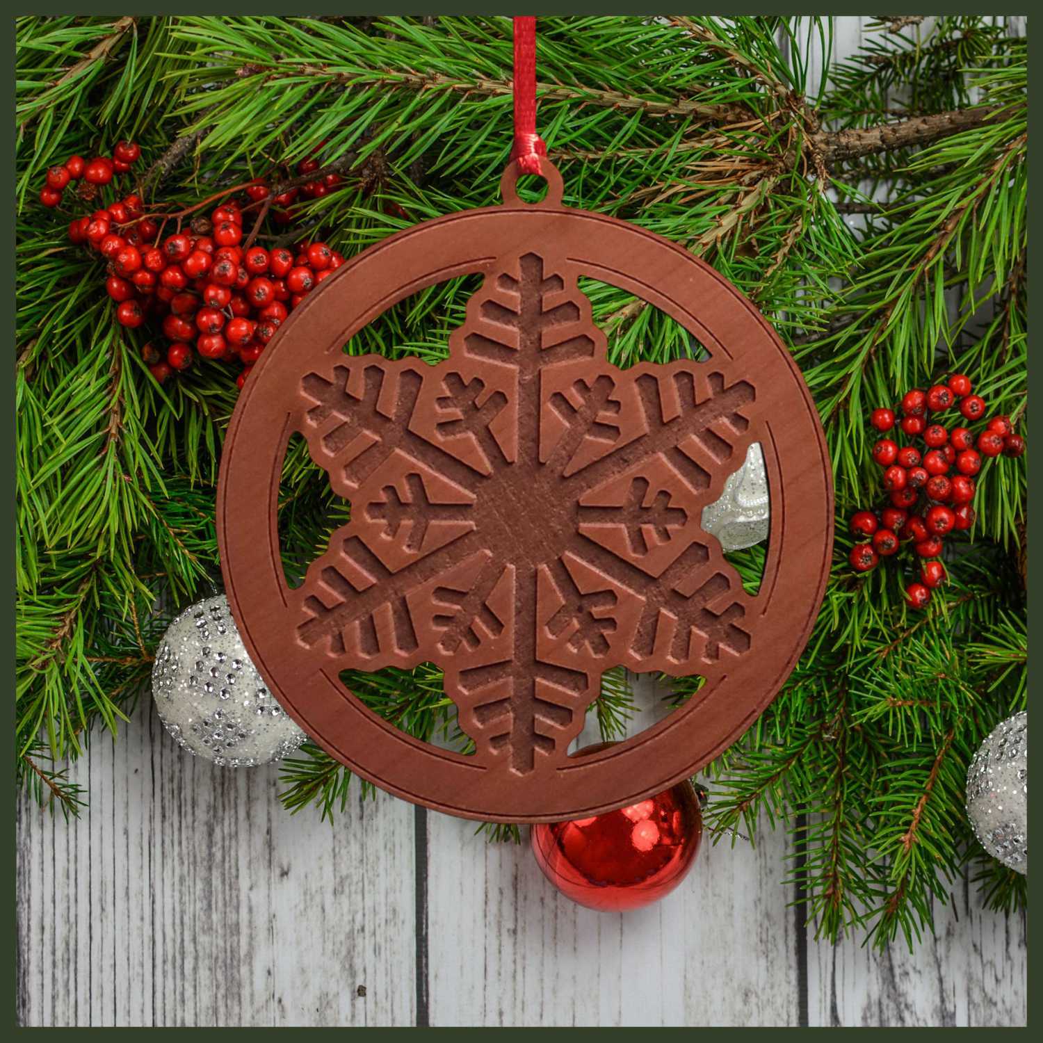 Cherry - Snowflake Christmas tree ornament - Holiday Decor - Copyright Hues in Glass