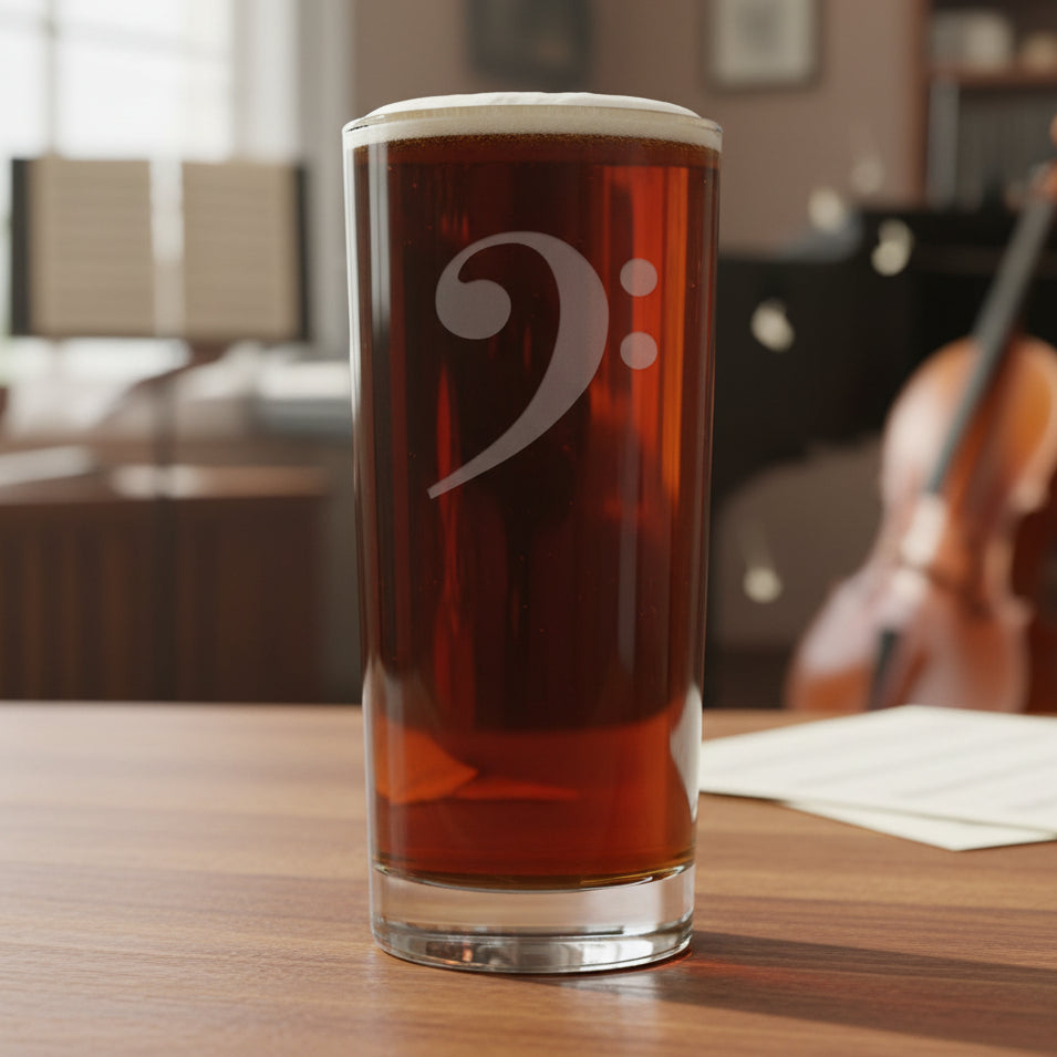 Cooler glass with a bass clef engraving filled with dark beer on a wooden surface with a music room in the background