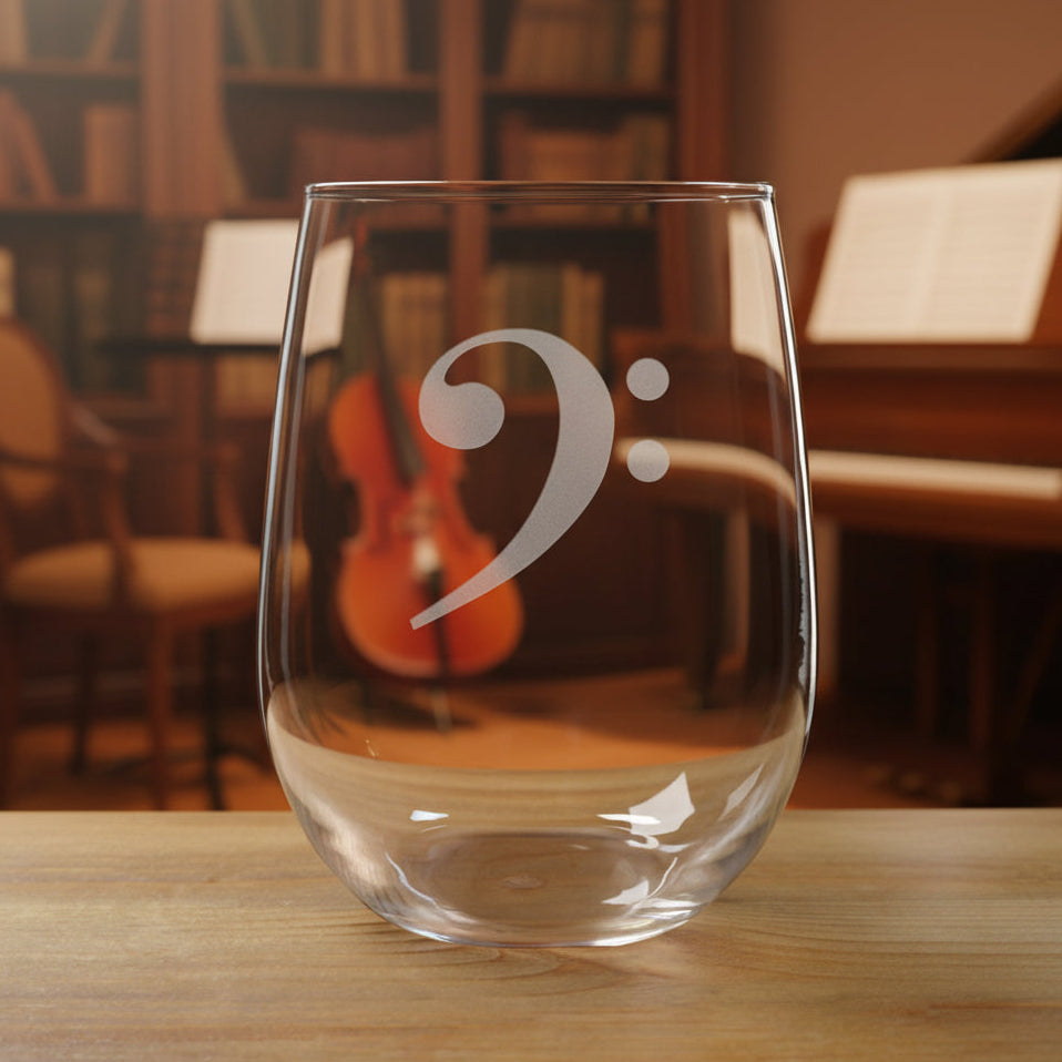 Stemless wine glass with a bass clef etching on a wooden surface with a music room in the background
