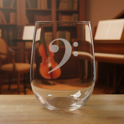 Stemless wine glass with a bass clef etching on a wooden surface with a music room in the background