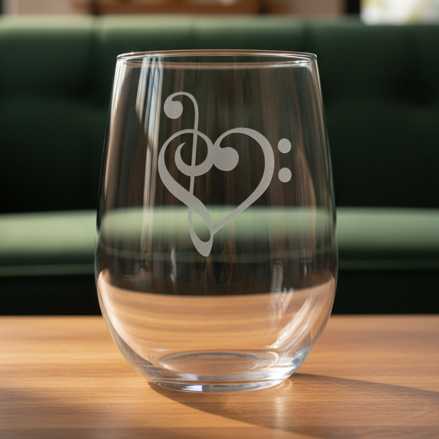 treble clef, bass clef Heart stemless wine glass with a green couch behind it