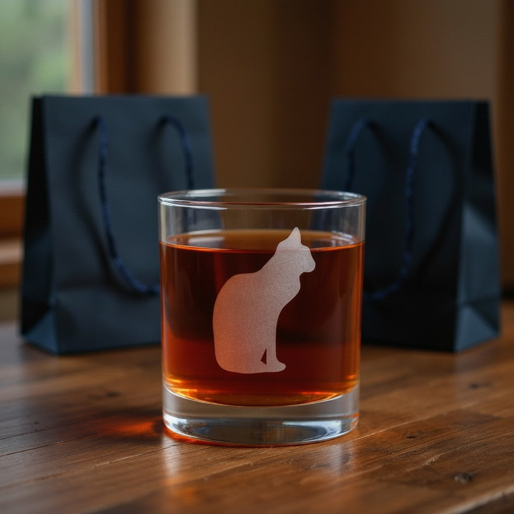 A clear glass rocks tumbler with an etched cat silhouette, filled with amber whiskey, set on a wooden table with two dark gift bags in a softly blurred background.