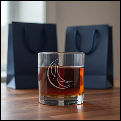 A clear rocks glass filled with amber liquor with an etched crescent moon on it sits on a wooden table, with two dark navy gift bags blurred in the background.