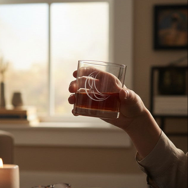 A person holds a clear glass tumbler with an etched crescent moon in a warmly lit living room. With a sofa and window in the background.