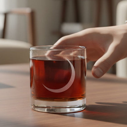 A hand  reaches toward a clear rocks glass containing an amber-brown liquid, set on a wooden table in a softly blurred living room.