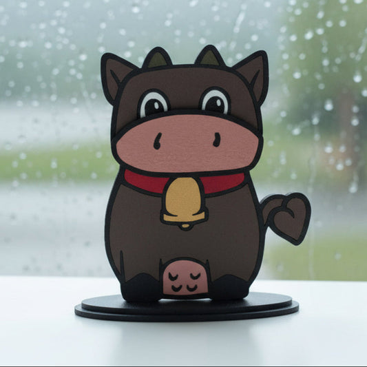 Cute Brown Cow Paint Kit with a bell on a wooden surface near a window.