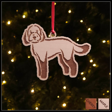 A Labradoodle maple wood veneer ornament, with the dog in profile.