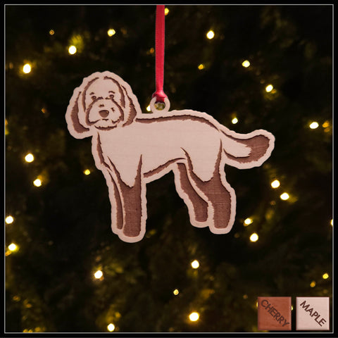 A Labradoodle maple wood veneer ornament, with the dog in profile.