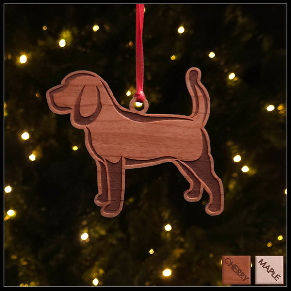 A Beagle cherry wood veneer ornament, with the dog in profile.