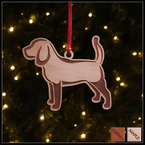 A Beagle maple wood veneer ornament, with the dog in profile. 