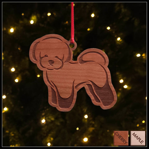 A Bichon Frisé cherry wood veneer ornament, with the dog in profile. 