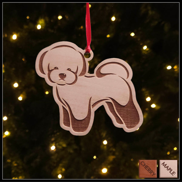 A Bichon Frisé maple wood veneer ornament, with the dog in profile. 